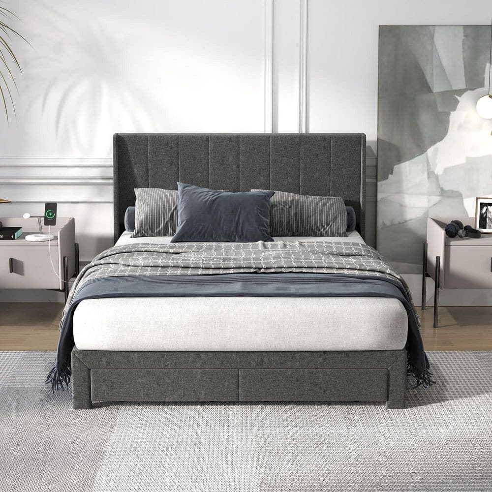 Homy Casa SUMMIT Queen Gray Upholstered Platform Bed with Wingback ...