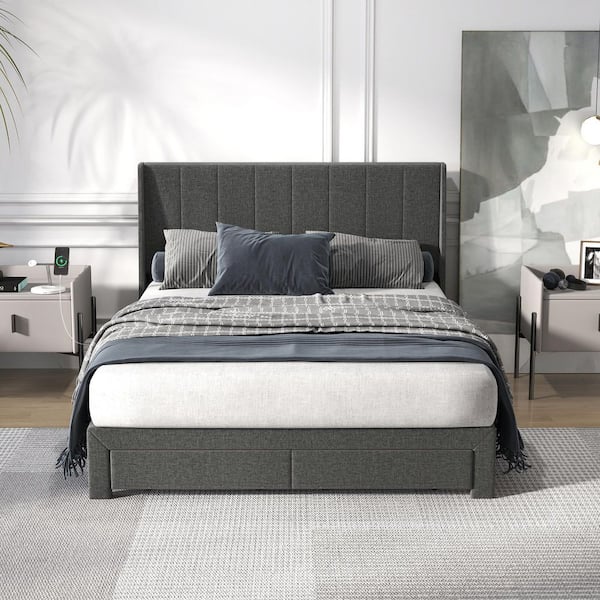 SUMMIT Queen Gray Upholstered Platform Bed with Wingback Headboardand, Metal Frame, Charging Ports and Storage Drawer