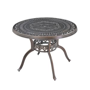 40 in. Bronze Frame Round Cast Aluminum Outdoor Dining Table with Umbrella Hole