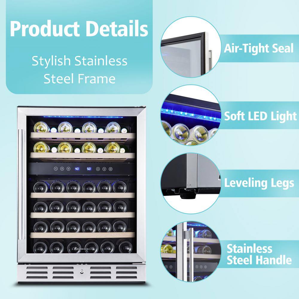 Kalamera 24" Stainless Steel Dual Zone Wine Refrigerator with LED Lighting