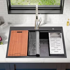 33 in. Matte Black Undermount Single Bowl 16 Gaige Stainless Steel Kitchen Sink with Intergrated Ledge and Accessories
