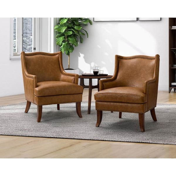 JAYDEN CREATION Laurenz Camel Vegan Leather Armchair with Nailhead Trim Set of 2