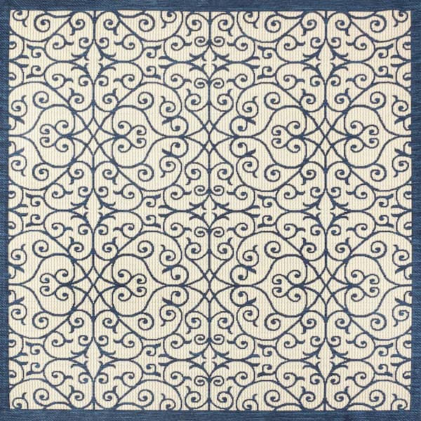 Madrid Vintage Filigree Textured Weave Navy/Beige 5 ft. Square Indoor/Outdoor Area Rug