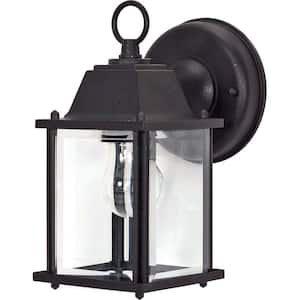 1-Light Outdoor Textured Black Wall Lantern Cube Lantern with Clear Beveled Glass