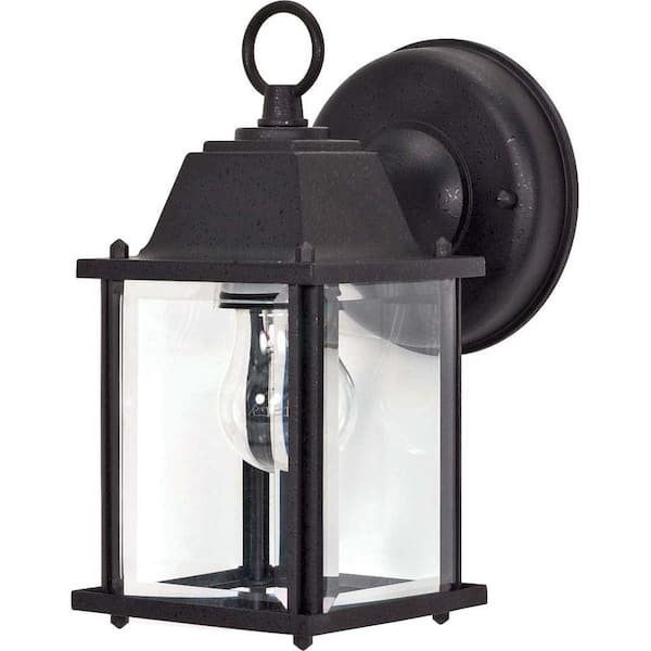SATCO:Satco 1-Light Outdoor Textured Black Wall Lantern Cube Lantern with Clear Beveled Glass