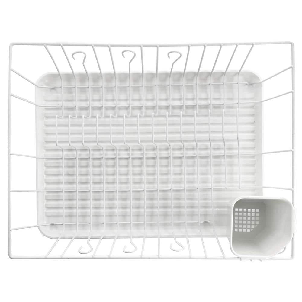 White Metal Single Level Dish Rack with Utensil Cup