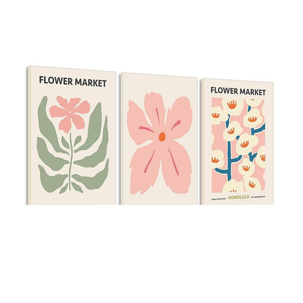 Pink Flower Market Wall Art Set of 3, Colorful Wildflowers Floral
