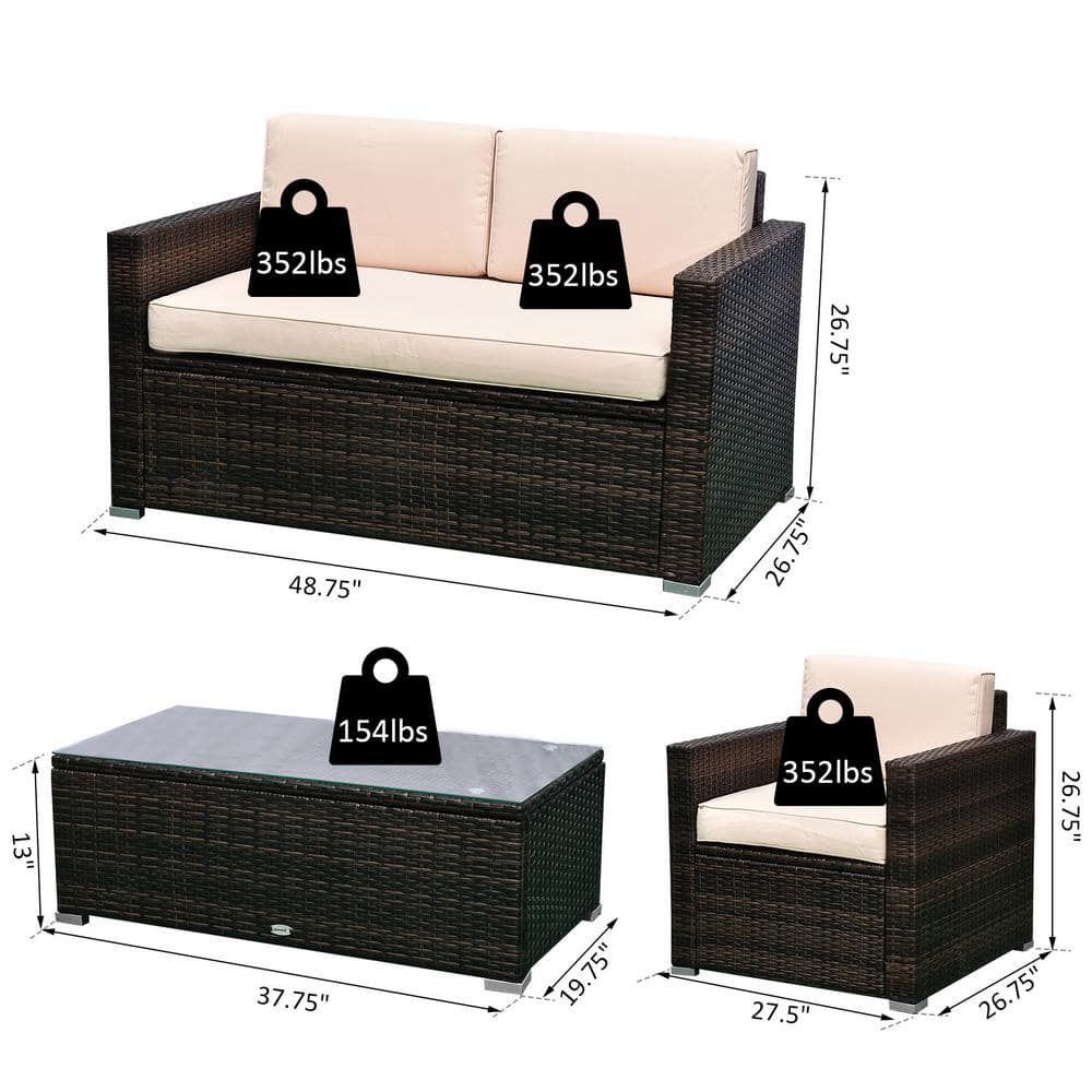 Rattan Wicker 4-Person Patio Set with Cushioned Chairs & Glass Table