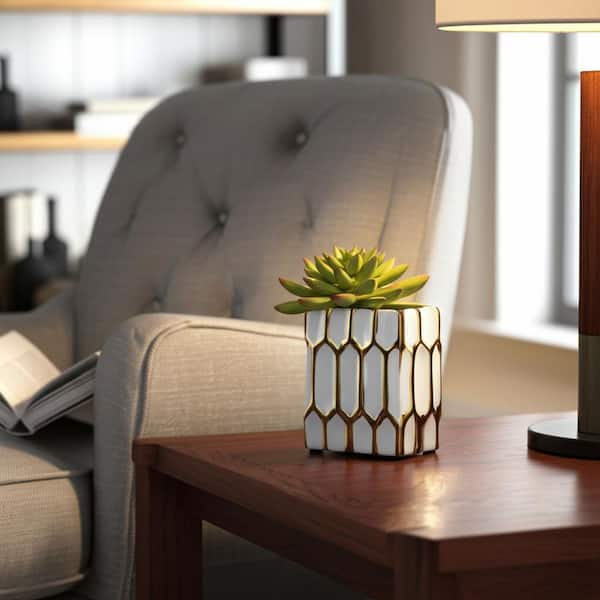 White Gold 3 in. x 4 in. Ceramic Square Pen Holder Desk Accessories with Dynasty Design