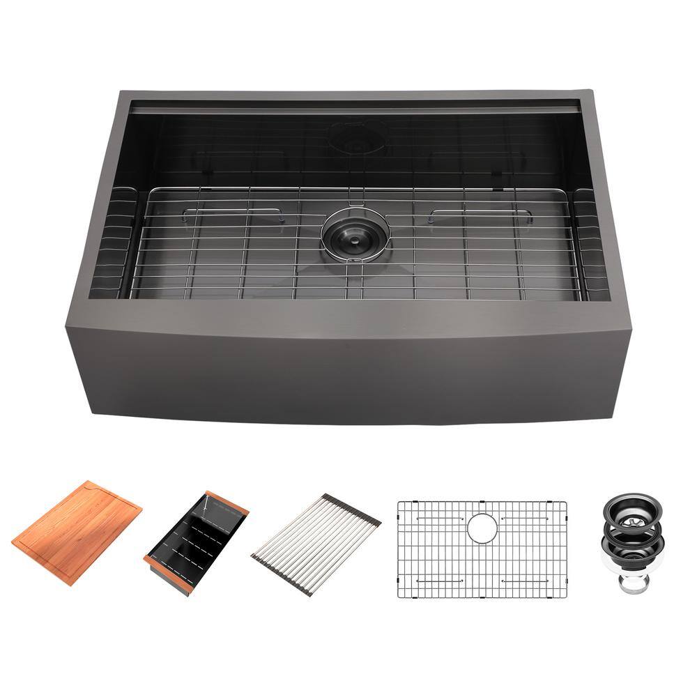 Gunmetal Black Stainless Steel 33 in. Single Bowl Farmhouse Apron 16 Gauge 