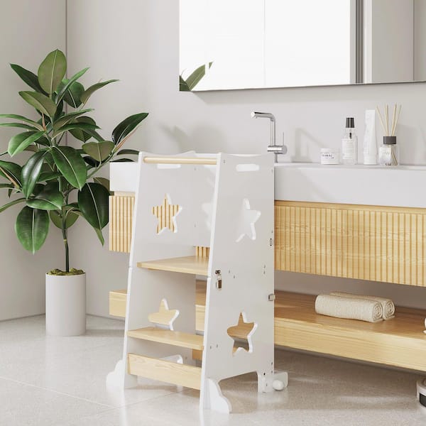 White 3-in-1 Wooden Toddler Step Stool, Foldable Learning Tower Helper with Safety Rail and Blackboard