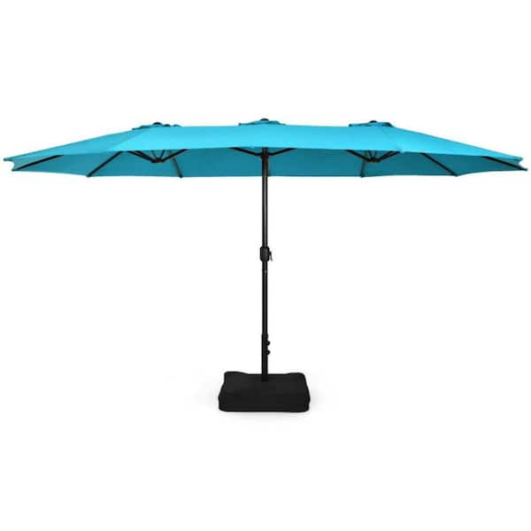 Kadehome 15 ft. Iron Market Double-Sided Twin Patio Umbrella with Crank and Base in Turquoise