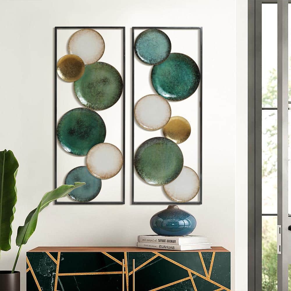 Set of 2 Multicolor Coastal Abstract Geometric Iron Wall Panels