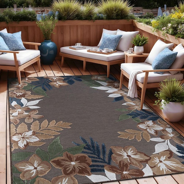 Eden  5 ft. x 7 ft. Brown Washable Border Floral Indoor Outdoor Area Rug