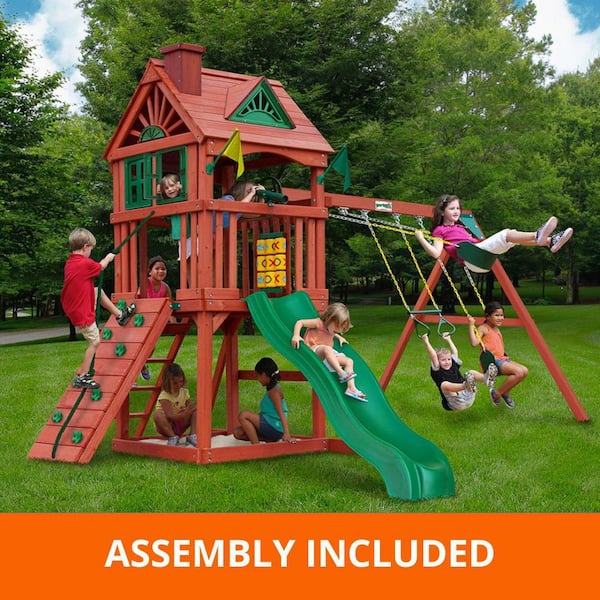 Professionally Assembled Nantucket Kids Wooden Outdoor Playground Set with Wave Slide, Sandbox, Rock Wall, and Swing Set