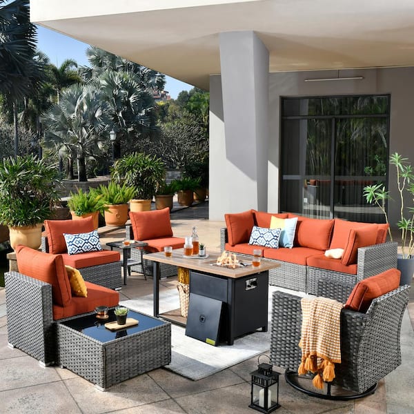 Toject Sanibel Gray 10-Piece Wicker Patio Conversation Sofa Set with a Swivel Chair, a Storage Fire Pit and Orange Red Cushions