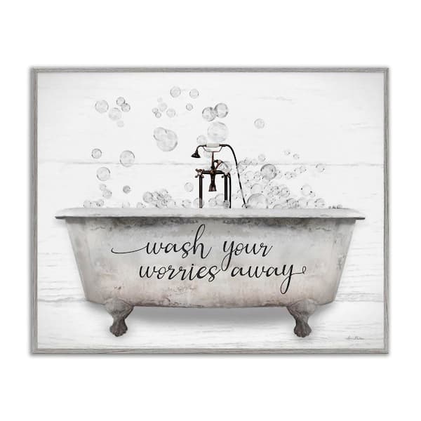 Wash Worries Away Tub Bubbles by Lori Deiter Gray Framed Giclee Art Print Typography 16 in. x 20 in.