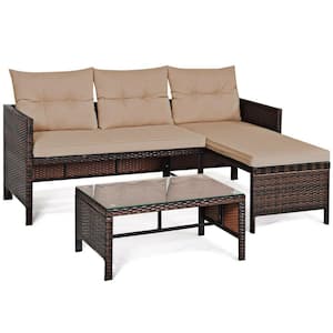3-Piece Plastic Wicker Patio Conversation Sectional Seating Set with Brown Cushion
