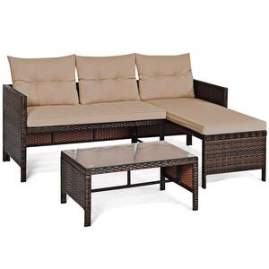 3-Piece Wicker Outdoor Corner Sofa Sectional Set with Beige Cushions and Coffee Table