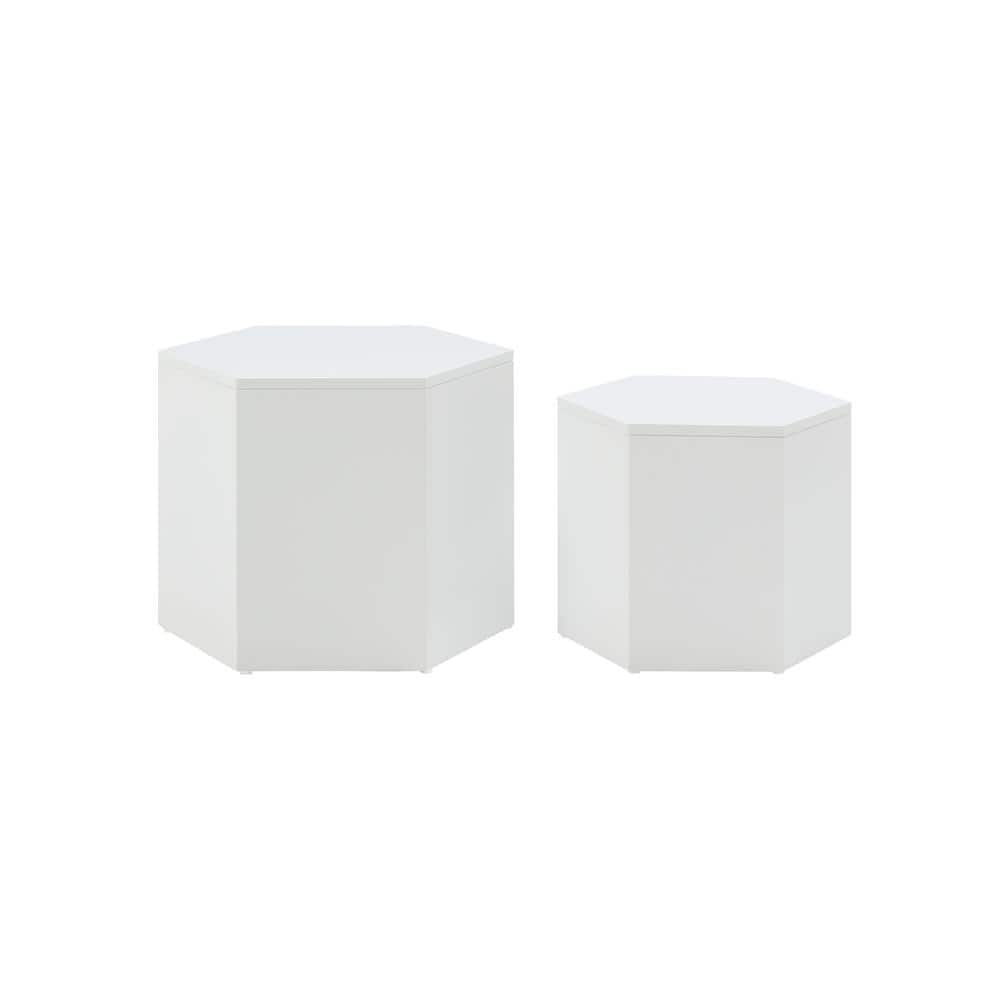19 in. White Hexagon MDF Coffee Table Set of 2 Side Table Coffee Table Stac