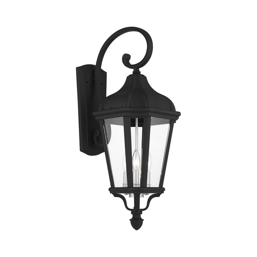 Morgan Textured Black 3-Light Outdoor Wall Lantern with Clear Glass