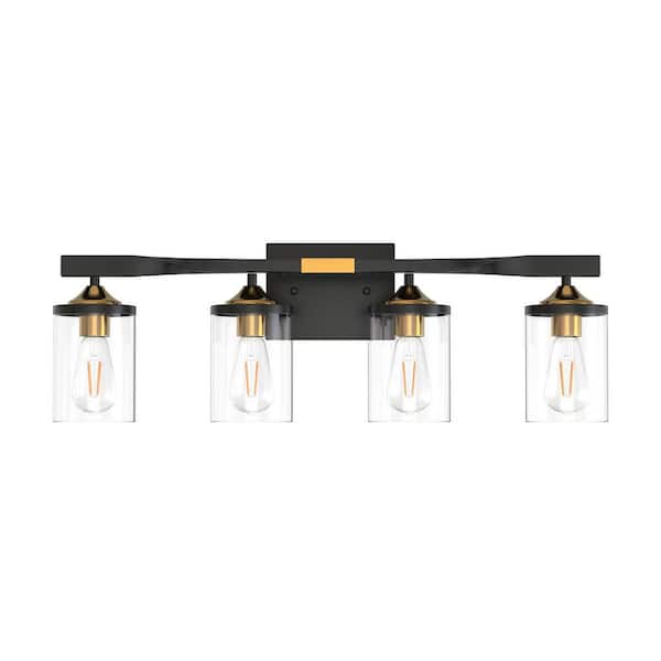 26.3 in.4 Light Black and Gold Vanity Light with Clear Glass Shade Industrial Bathroom Wall Light for Bathroom E26 Base