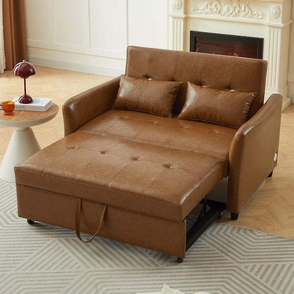 Nestfair 51.57 in. Brown PU Leather Upholstered Twin Size Sofa Bed