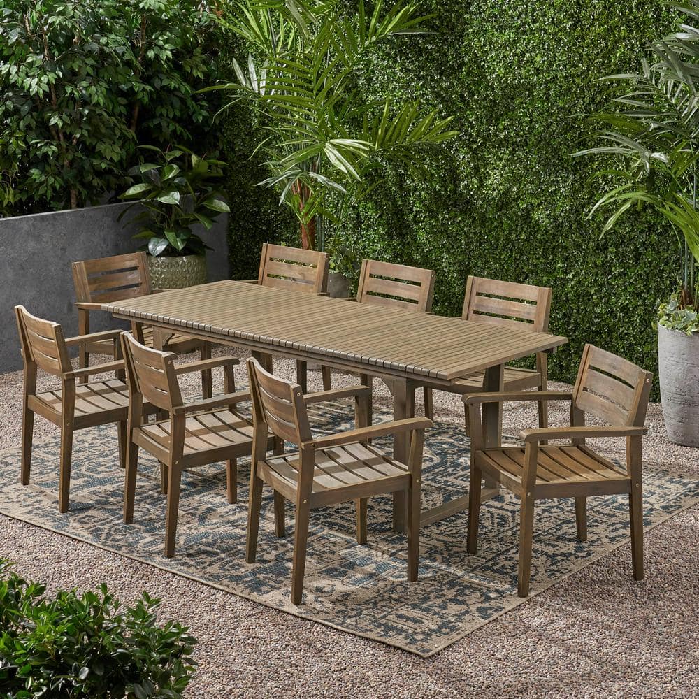Merdian 30 in. Grey 9-Piece Metal Rectangular Patio Outdoor Dining Set