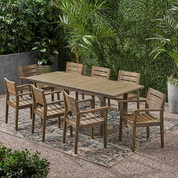 Noble House Merdian 30 in. Grey 9-Piece Metal Rectangular Patio Outdoor Dining Set