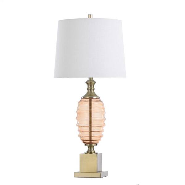 Fabric Shade L319977ds, Amber Colored Glass Table Lamp