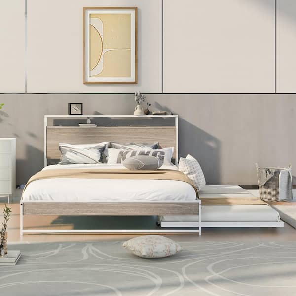Unbranded 55.7 in. W White Metal Frame Full Size Platform Bed Frame with Wooden Headboard Includes Trundle and USB Ports