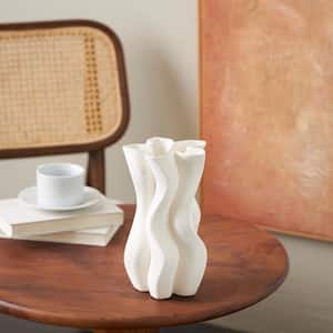 White Ribbed Dimensional Wavy Ceramic Abstract Decorative Vase with Floral Shaped Rim