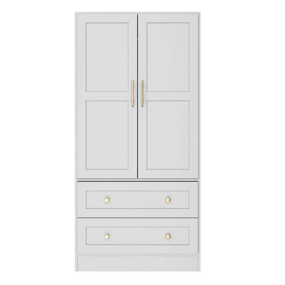 White Shaker Style Two-Door Armoire with Gold Handles
