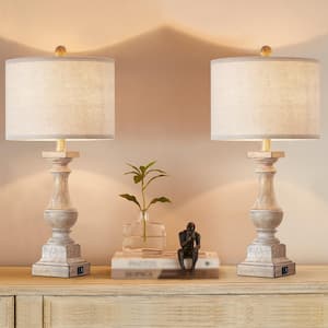 25 in. Painted Brown Farmhouse Table Lamp Set and USB Ports, bulbs (Set of 2)
