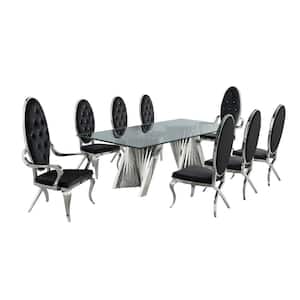 Becky 9-Piece Rectangular Glass Top with Stainless Steel Base Table Set with 6-Black Velvet Chairs and 2-Arm Chairs