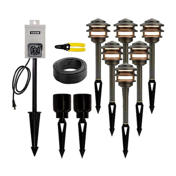 Hardwired Brass Bronze LED Landscape Lighting Kit with 100W Transformer and 6 Pagoda Path Lights