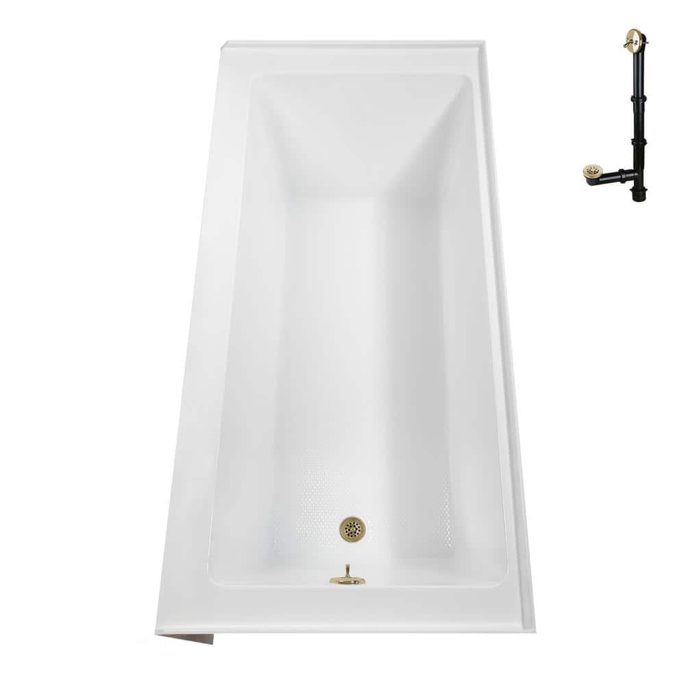 66-Inch Glossy White Acrylic Alcove Bathtub with Polished Brass Drain