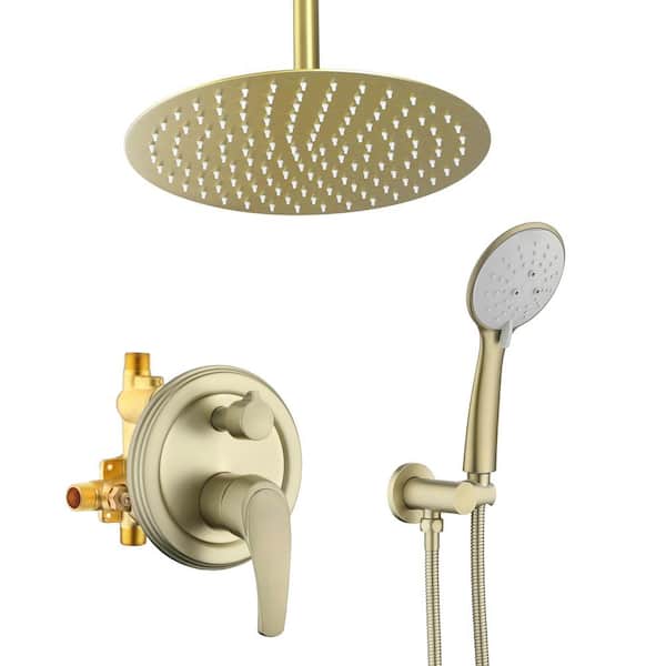 Vara 5-spray Ceiling Mount 12 in. Dual Shower Head and Handheld Shower Head 2 GPM in Brushed Gold