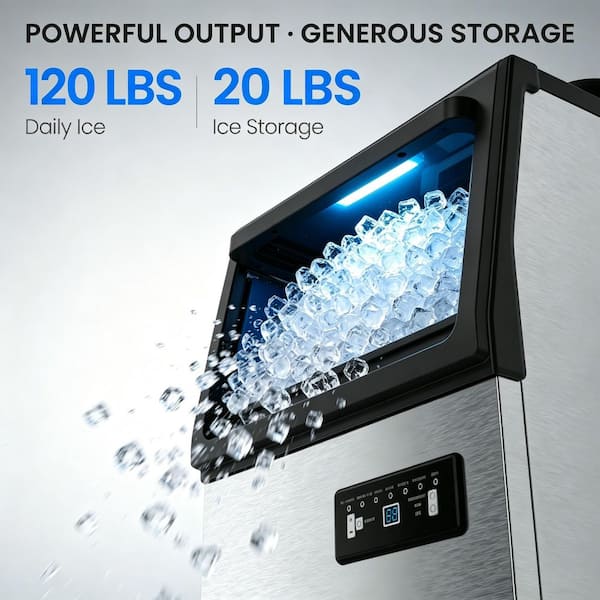 13.6 in. 120 lb./24H Full Size Cubes Built-In Ice Maker Commercial Freestanding Ice Maker in Stainless Steel, Auto Clean