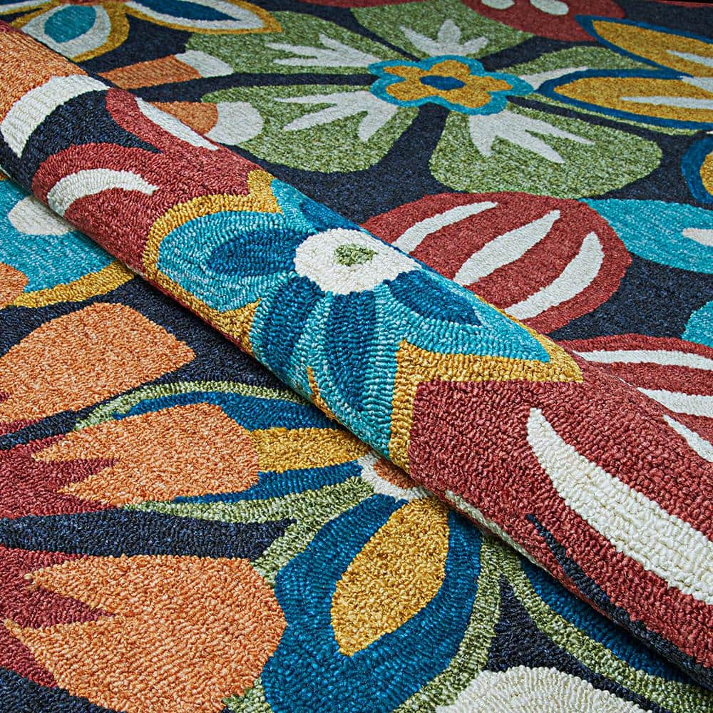 Navy Blue Floral Hand-Hooked Rectangular Area Rug