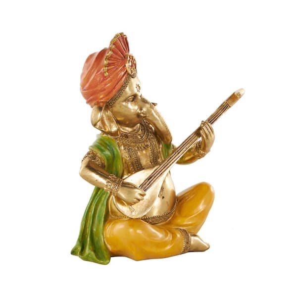 Litton Lane 9 in. x 11 in. Gold Resin Musician Ganesh Sculpture with Green, Yellow, and Red Accents