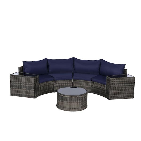 Tenleaf 7-Piece Wicker Patio Conversation Set with Dark Blue Cushions, Tempered Glass Round Coffee Table