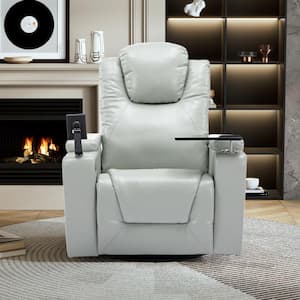 Gray 270° Swivel PU Leather Power Recliner with USB Port, Cup Holder, Removable Tray Table and Storage