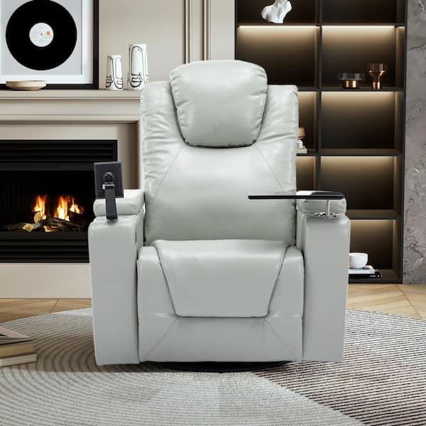 Nestfair Gray 270° Swivel PU Leather Power Recliner with USB Port, Cup Holder, Removable Tray Table and Storage