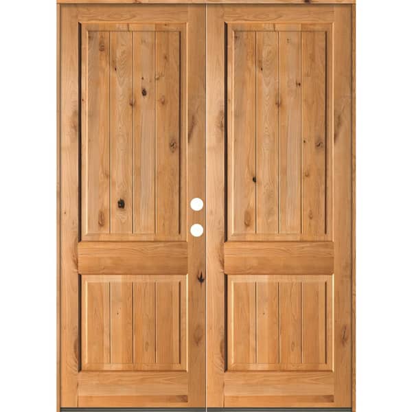 Krosswood Doors 72 in. x 96 in. Rustic Knotty Alder Square Top Clear Stain /V-Groove Left-Hand Inswing Wood Double Prehung Front Door