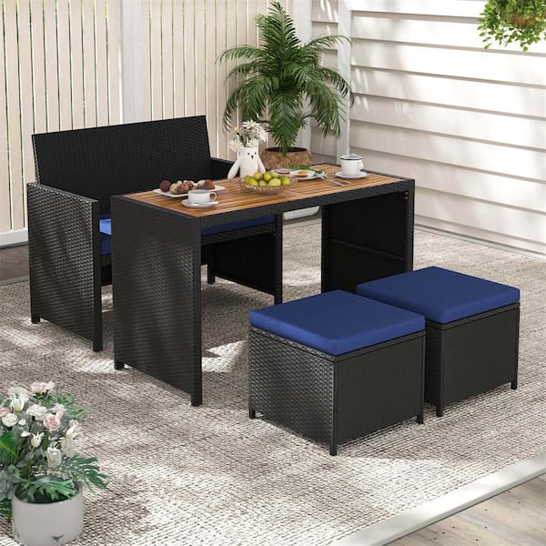 4-Piece Wicker Outdoor Dining Set with Loveseat Chair and 2 Ottomans and Blue Cushion