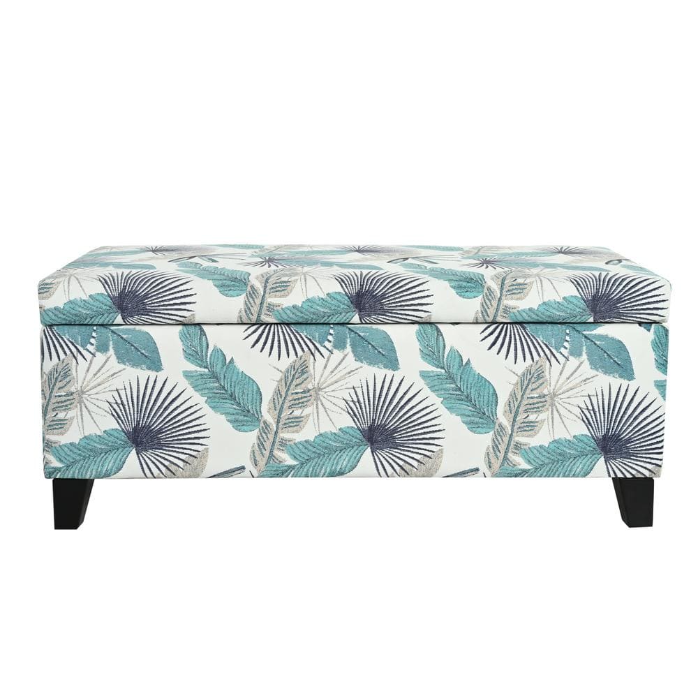 Blue and White Floral Upholstered Storage Ottoman with Birch Wood Legs
