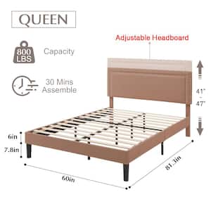 Upholstered Bed Brown Metal Frame Queen Platform Bed with Adjustable Headboard, No Box Spring Needed Bed Frame