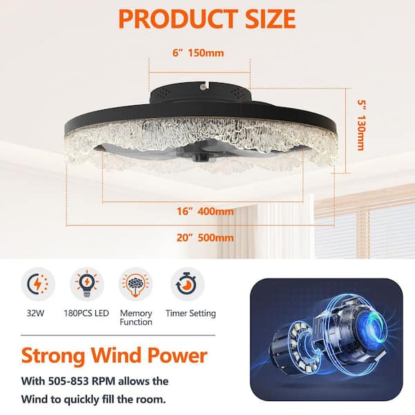 20 in. W Decorative LED Ceiling Fan Light Remote Control, APP for Bedrooms, Living Rooms, and Offices (D)