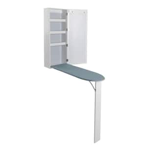 White Non-Electric MDF Wall Mounted No Swivel Built-in Ironing Board with Mirror Door Storage Cabinet Support Leg